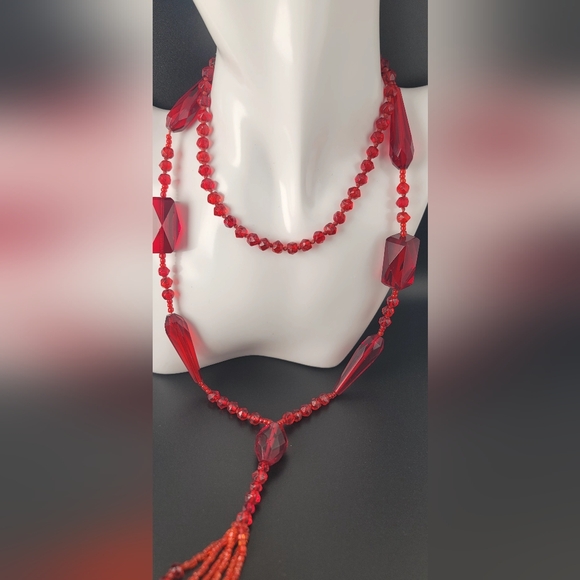 Antique 1920s Czech Red Glass Flapper Necklace Art Deco Beads 23” w/ Tassel - Picture 4 of 10